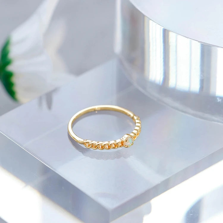 Emotional Factory 925 Sterling Silver 14K Gold Plated Gemstones Vintage Artificial Opal Simple Bead Chain Shaped Ring