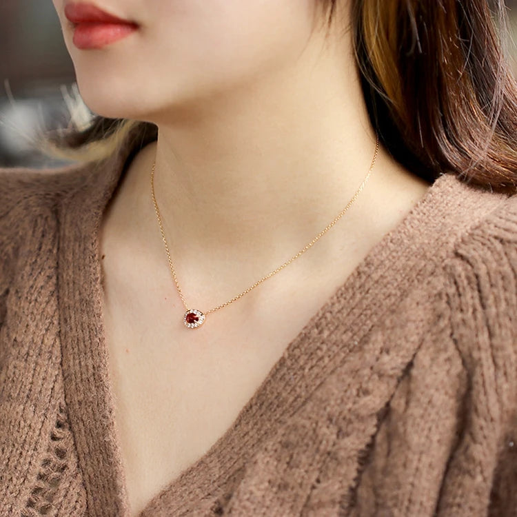 Emotional Factory 925 Sterling Silver 14K Gold Plated Gemstone Red Garnet Zircon Egg Shape Necklace