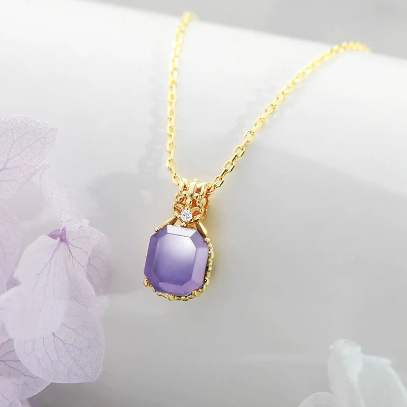 925 Sterling Silver 14K Gold Plated Gemstones Christmas Limited Happiness Olive Leaf Vintage Square Amethyst Necklace