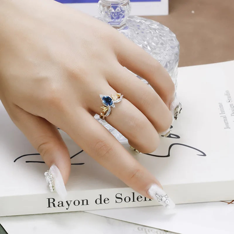 Bagues De Haute Joaillerie 925 Sterling Silver Gold Plated Gemstone Retro Carved Hollow Lace London Blue and White Zirconia Ring