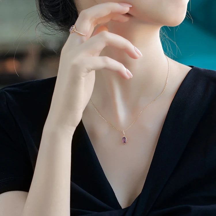 925 Sterling Silver 14K Gold Plated Gemstone Series Amethyst Crown Bubble Cutout Lace Delicate Sun Pendant Necklace