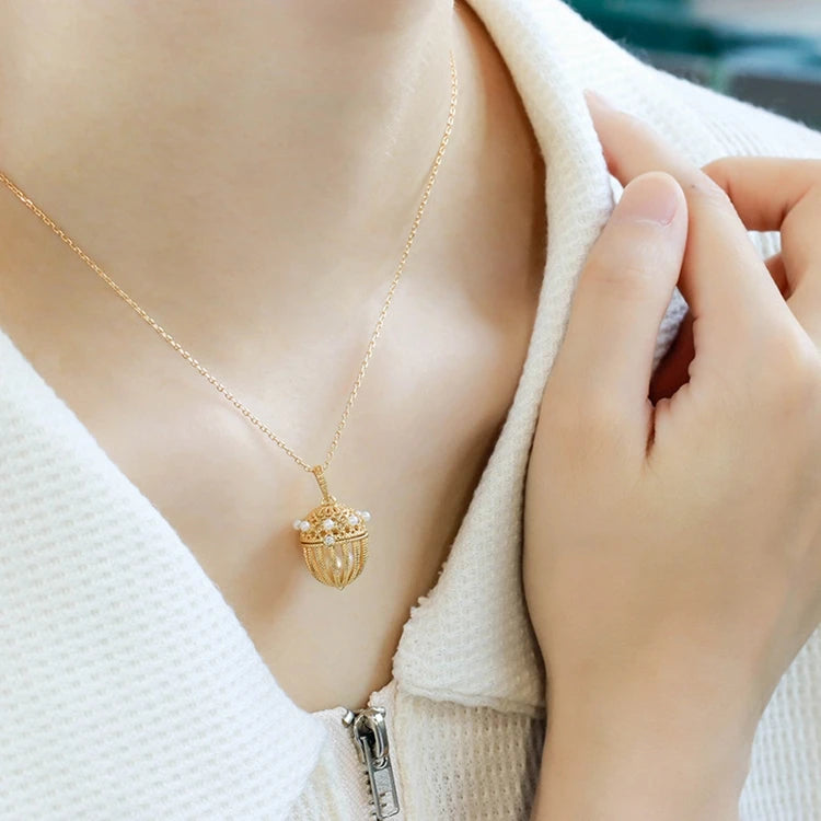 Emotional Factory 925 Sterling Silver 14K Gold Plated Gemstones Cute Acorn Seed Openable Freshwater Pearl Cage Necklace