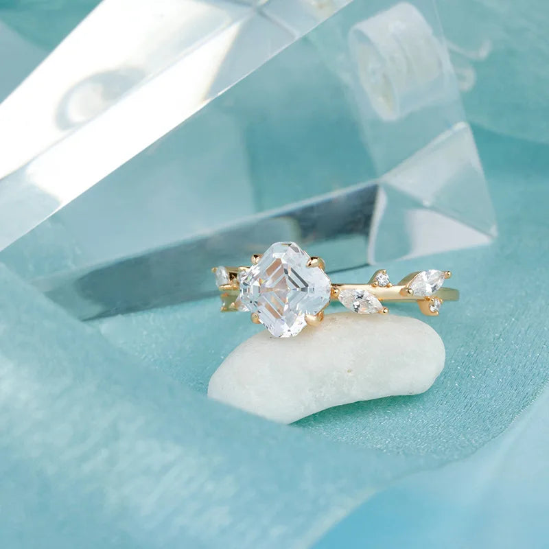 Custom 925 Sterling Silver 14K Gold Plated Classic Four Prong Inlay Super Shiny Zircon Leaf Ring