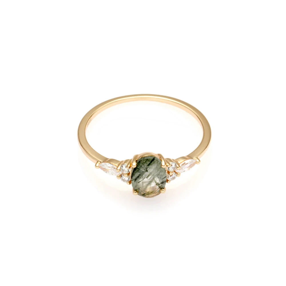 925 Sterling Silver 14K Gold Plated Gemstone Green Crystal Hair Shaped Personality Ring