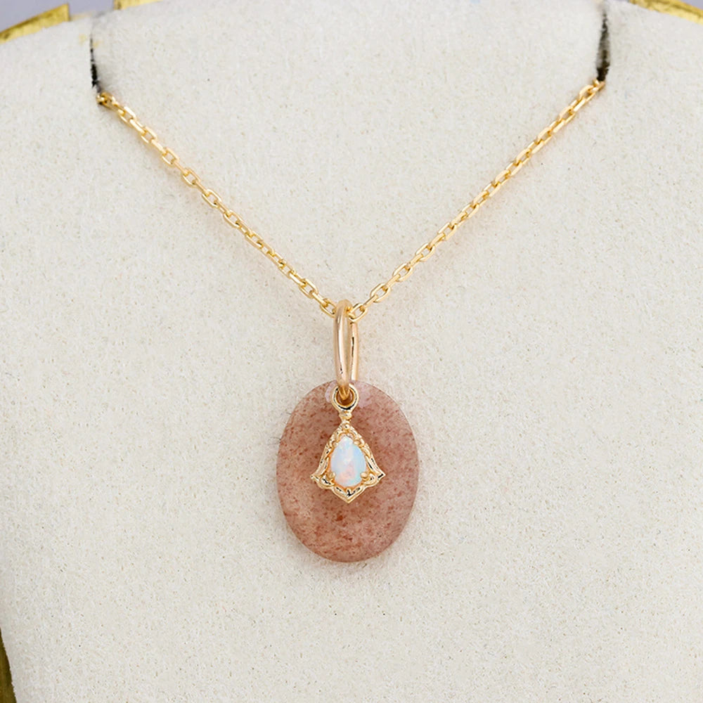 Emotional 925 Sterling Silver 14K Gold Plated Gem Stone Gemstone Geometric Egg Shape Cordierite Strawberry Quartz Pendant