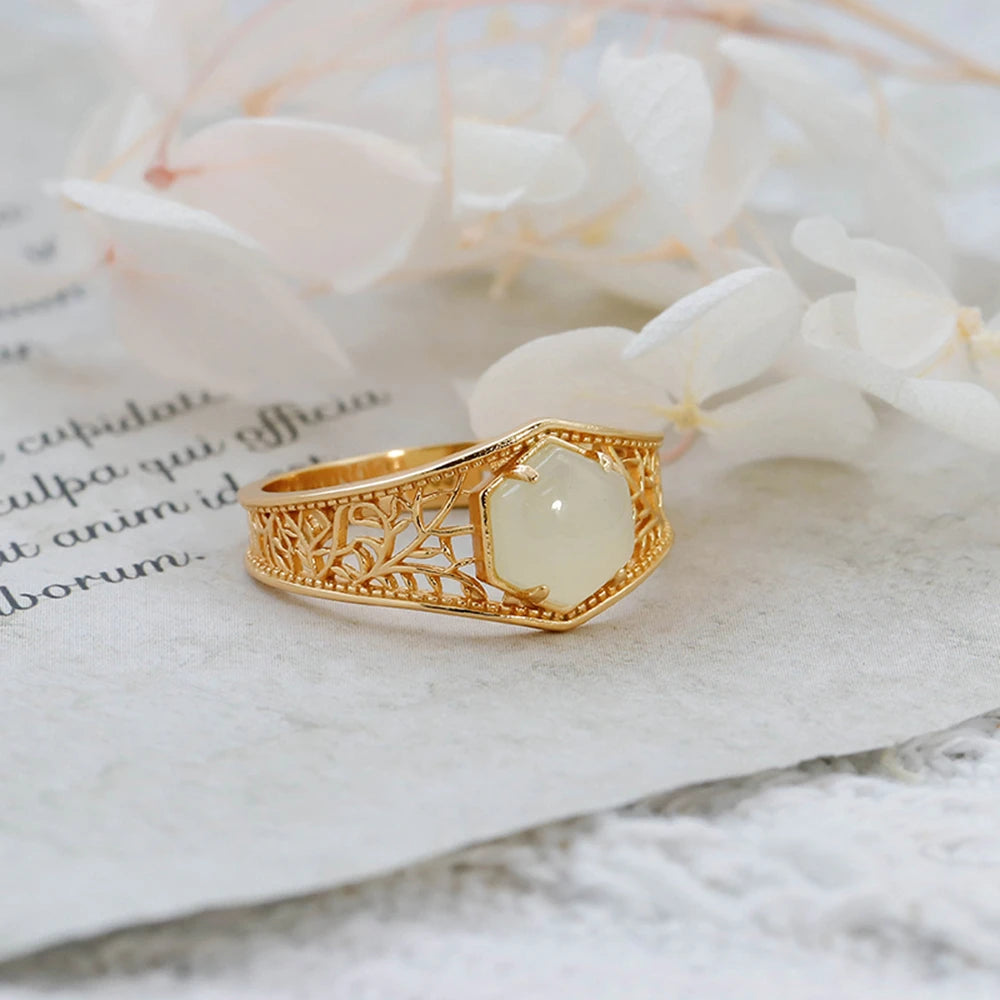 925 Sterling Silver 14K Gold Plated Gemstone Retro Vintage Hollow Ring Hexagonal Jade Nephrite Ring