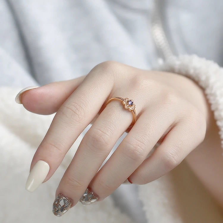 925 Sterling Silver 14K Gold Plated Gemstone Moonstone Flower Cordierite Natural Orange Moonlight Iolite Ring