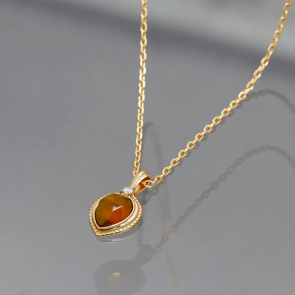 925 Sterling Silver 14K Gold Plated Gemstone Time Drop Cz Zircon Synthetic Amber Necklace