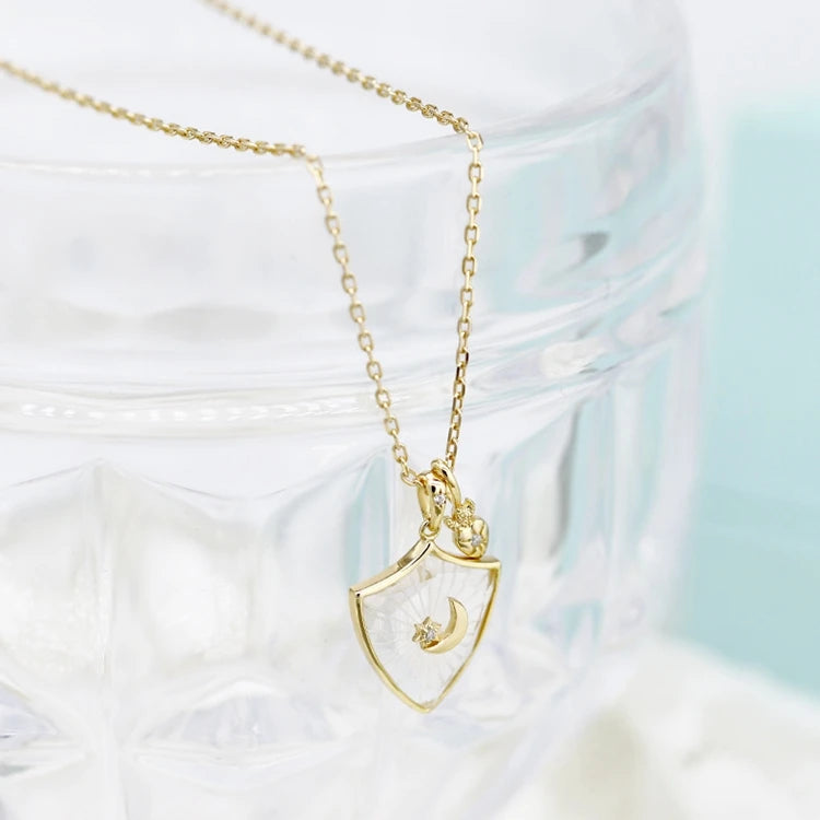 925 Sterling Silver 14K Gold Plated Gemstone Shield Rock Crystal Moon Necklace