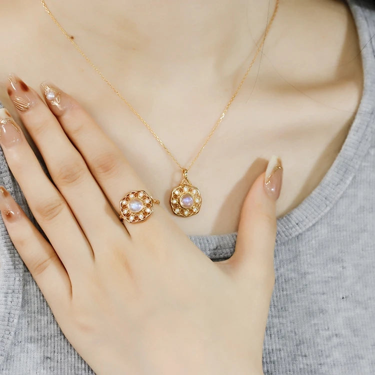 925 Sterling Silver 14K Gold Plated Gem Stone Gemstone Cz Zircon Vintage Court Style Geometric Natural Blue Moonstone Necklace