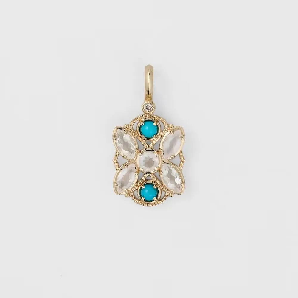 Niche Retro Hollow Design Opal+TurquoiseS925Silver Gold-plated Pendant