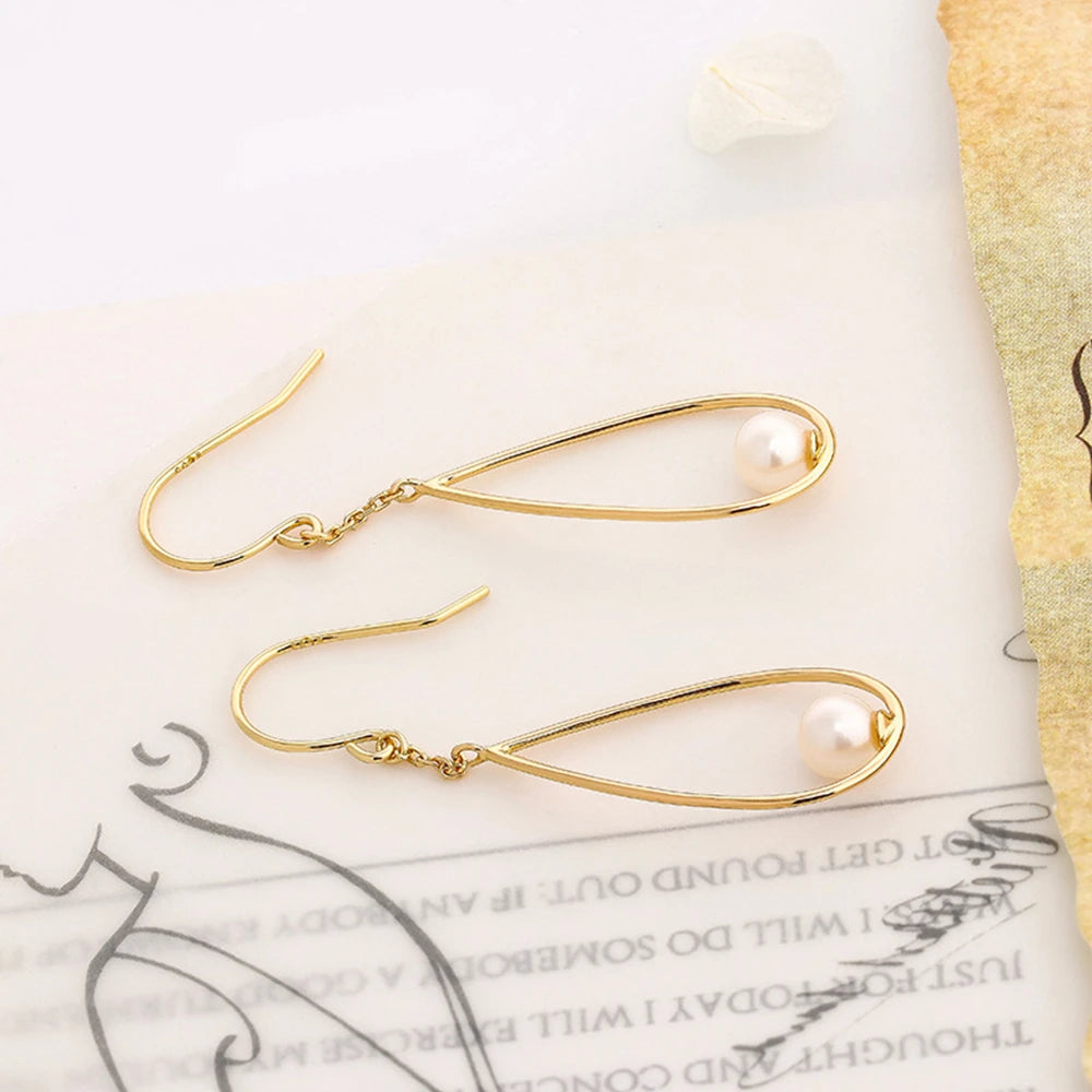 925 Sterling Silver 14K Gold Plated Gem Stone Gemstone Natural Freshwater Pearls Premium Geometric Lines Earrings