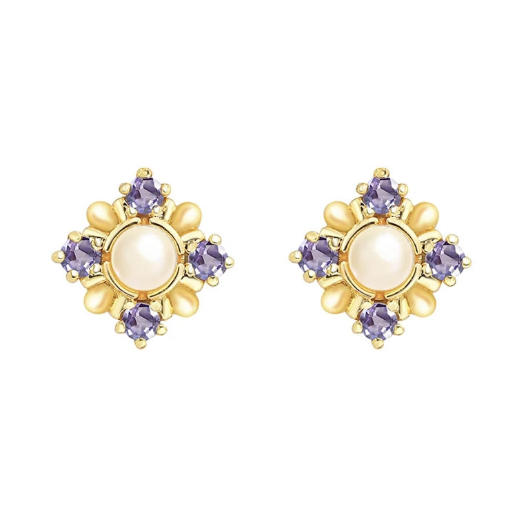 Emotional Factory 925 Sterling Silver 14K Gold Plated Gemstones Flower Rainbow Pearl Tanzanite Stone Earrings