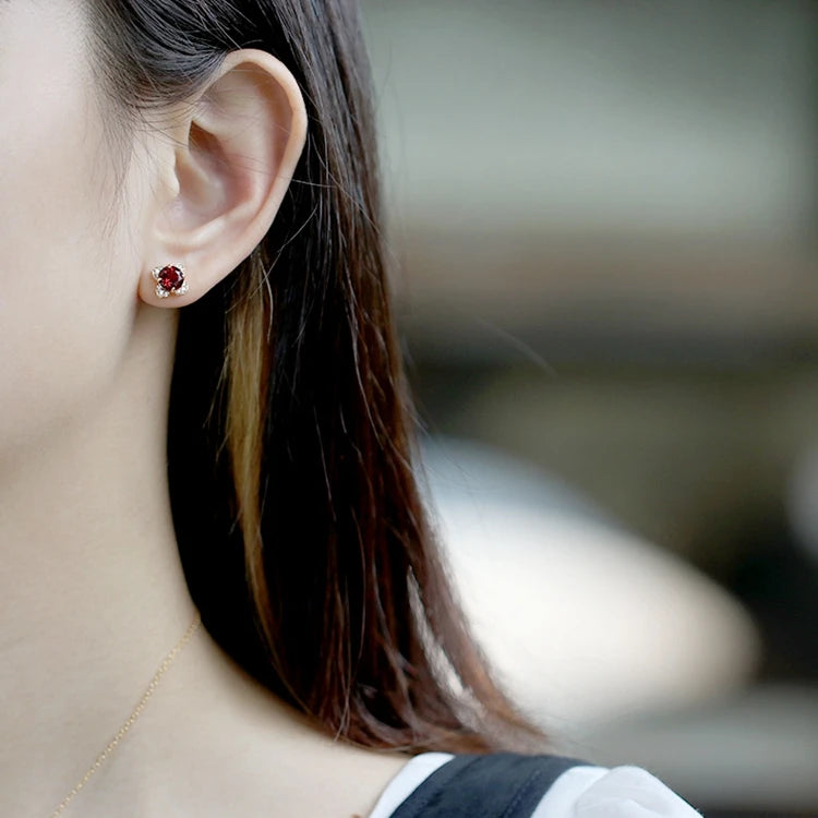 Emotional Factory 925 Sterling Silver 14K Gold Plated Gemstone Red Garnet Petal Shaped Cz Earrings