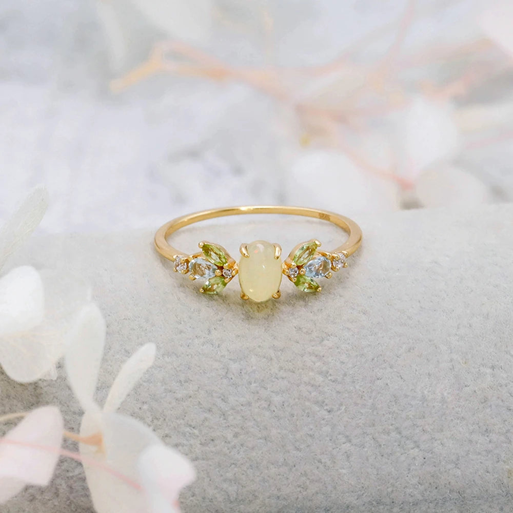 925 Sterling Silver 14K Gold Plated Gemstone Horse's Eye Opal Sky Blue Topaz Green Peridot Ring