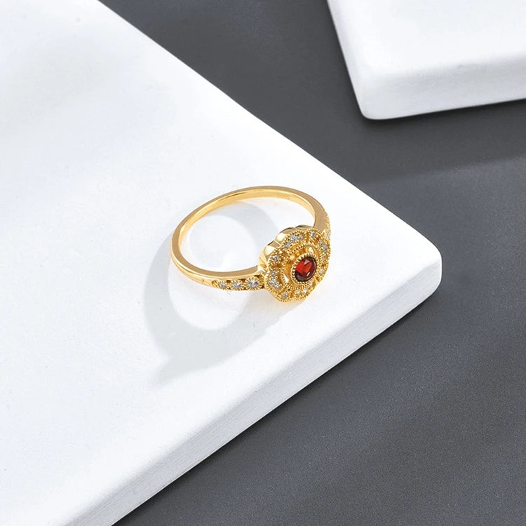 Emotional Factory 925 Sterling Silver 14K Gold Plated Gemstone Evil Eyes Red Garnet Flower Ring