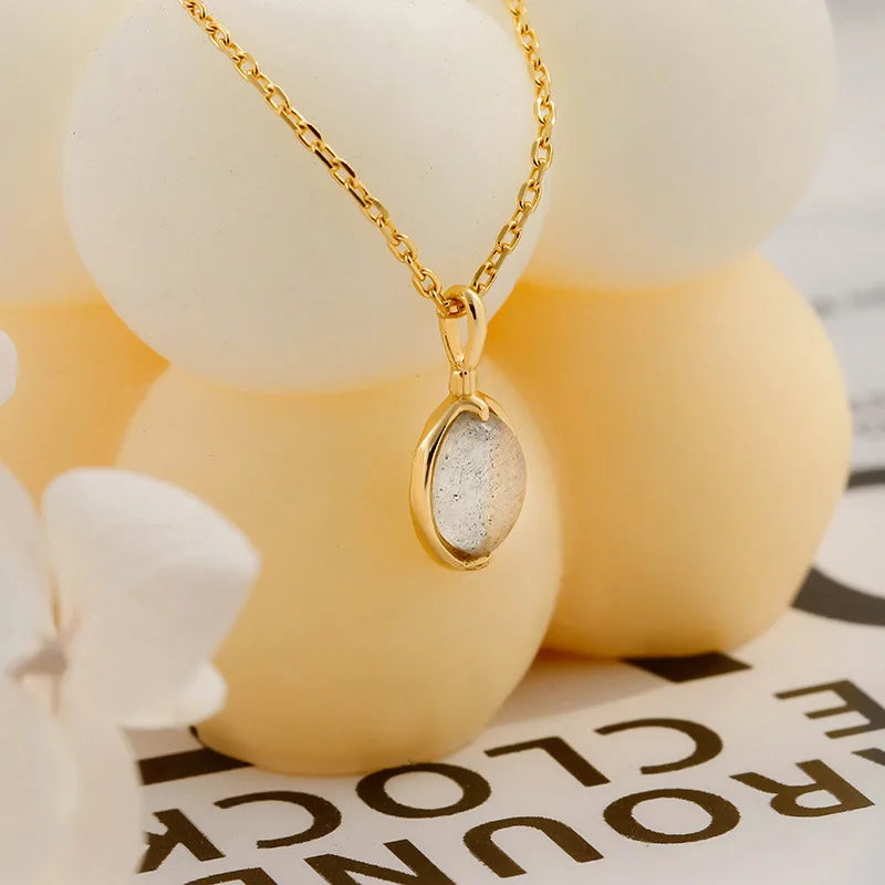 2023New Simple Single Gem Natural Labradorite Japanese Retro StyleS925Silver Plating14KGold Necklace