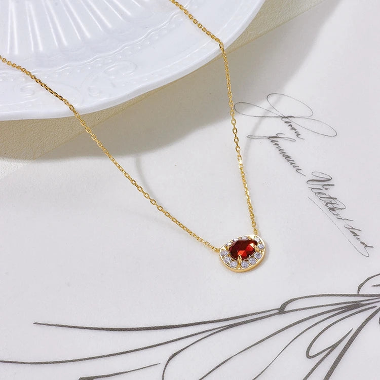 Emotional Factory 925 Sterling Silver 14K Gold Plated Gemstone Red Garnet Zircon Egg Shape Necklace