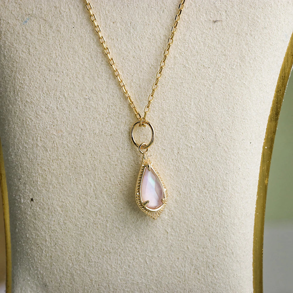 925 Sterling Silver 14K Gold Plated Gem Stone Gemstone Rock Crystal Small Fresh Pink Mother-Of-Pearl Reversible Pendant Necklace