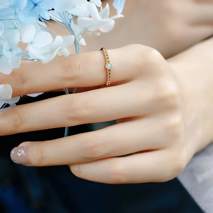 Emotional Factory 925 Sterling Silver 14K Gold Plated Gemstones Vintage Artificial Opal Simple Bead Chain Shaped Ring