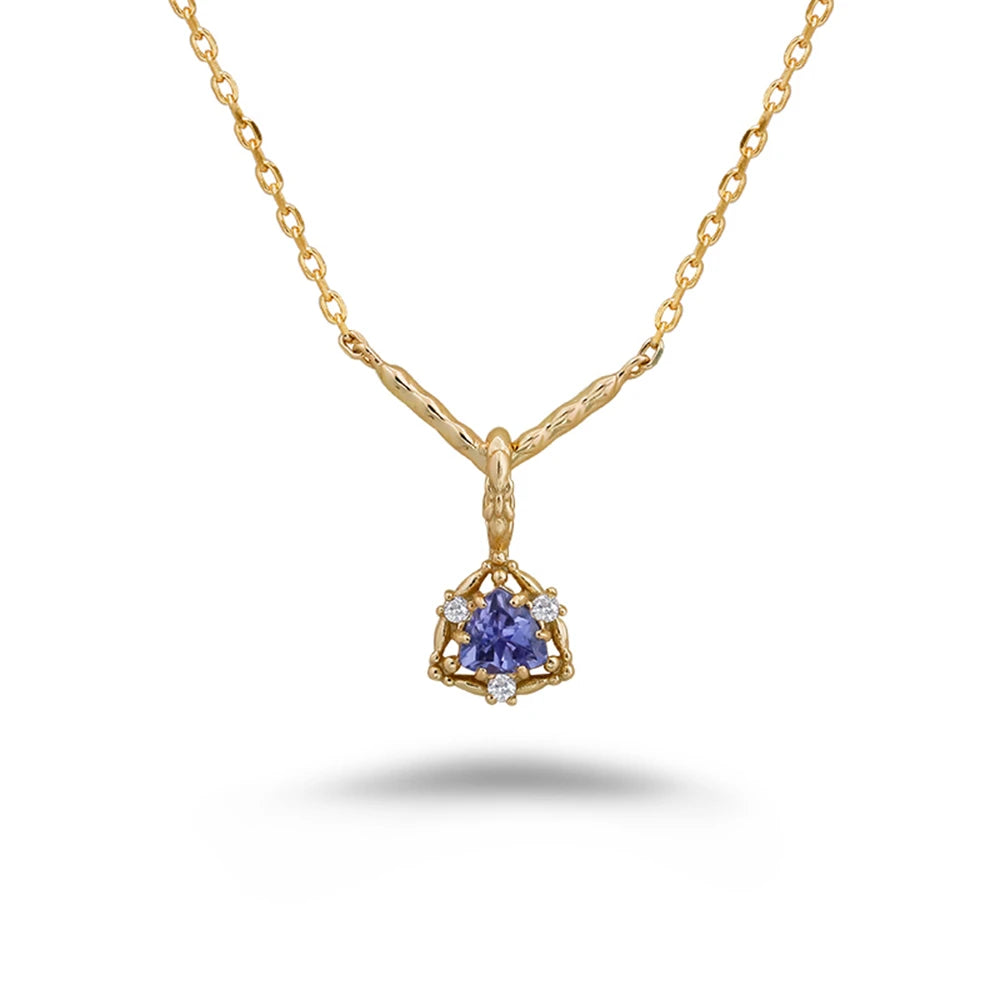 925 Sterling Silver 14K Gold Plated Gemstone Retro Hollow Geometric Triangle Tanzanite  Necklace