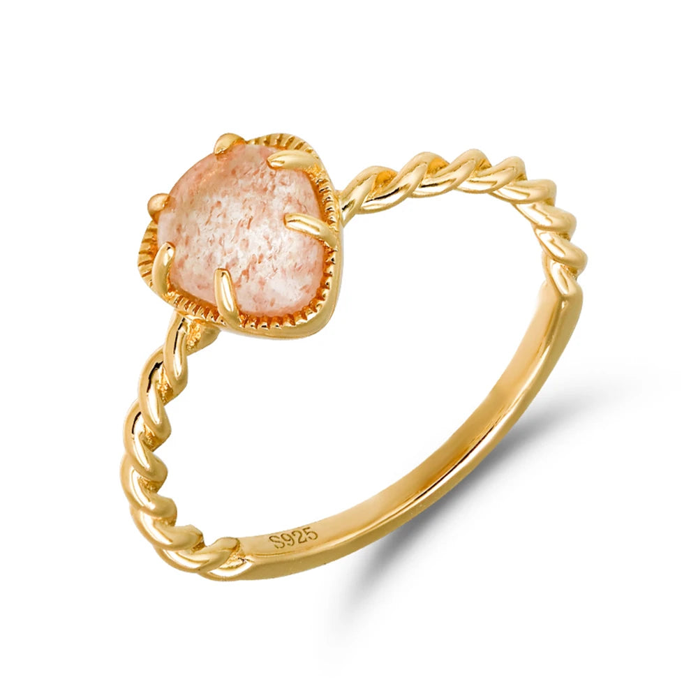 Emotional Factory 925 Sterling Silver 14K Gold Plated Gemstone Twist Heart Strawberry Quartz Ring