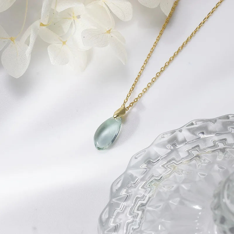 Emotional Factory 925 Sterling Silver 14K Gold Plated Gemstone Drop Green Quartzite Long Strip  Necklace