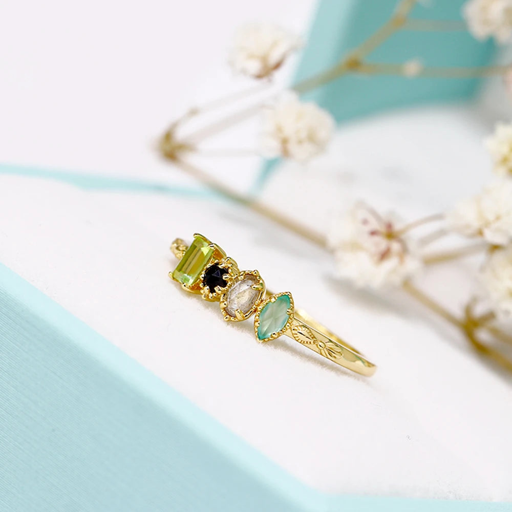 925 Sterling Silver 14K Gold Plated Gemstone Labradorite Black Onyx Peridot Chrysoprase Rainbow Gem Egg Round Square Stone Ring