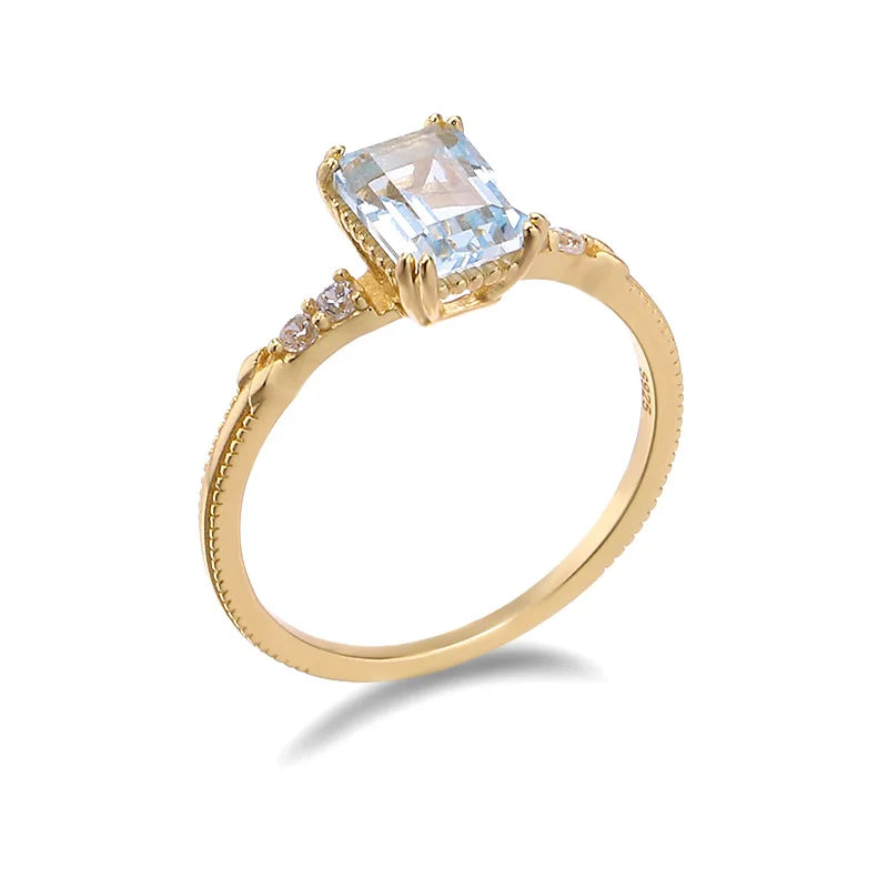 925 Sterling Silver 14K Gold Plated Gemstone Geometric Peridot Rectangular Sky Blue Topaz Quartz Natural Green Crystal Ring