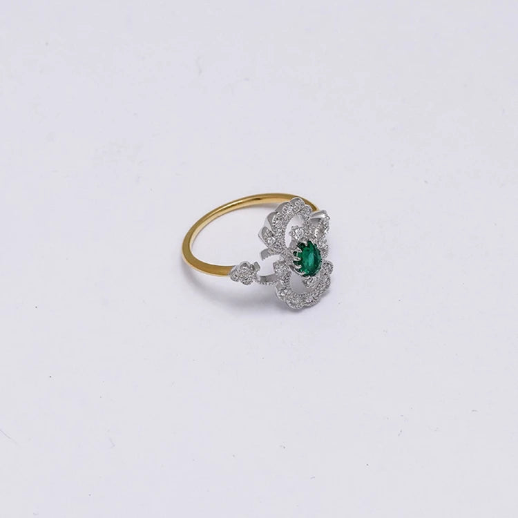 Emotional Factory 925 Sterling Silver 14K Gold Plated Gem Stone Gemstone Cz Zircon Flower Cultured Emerald Ring