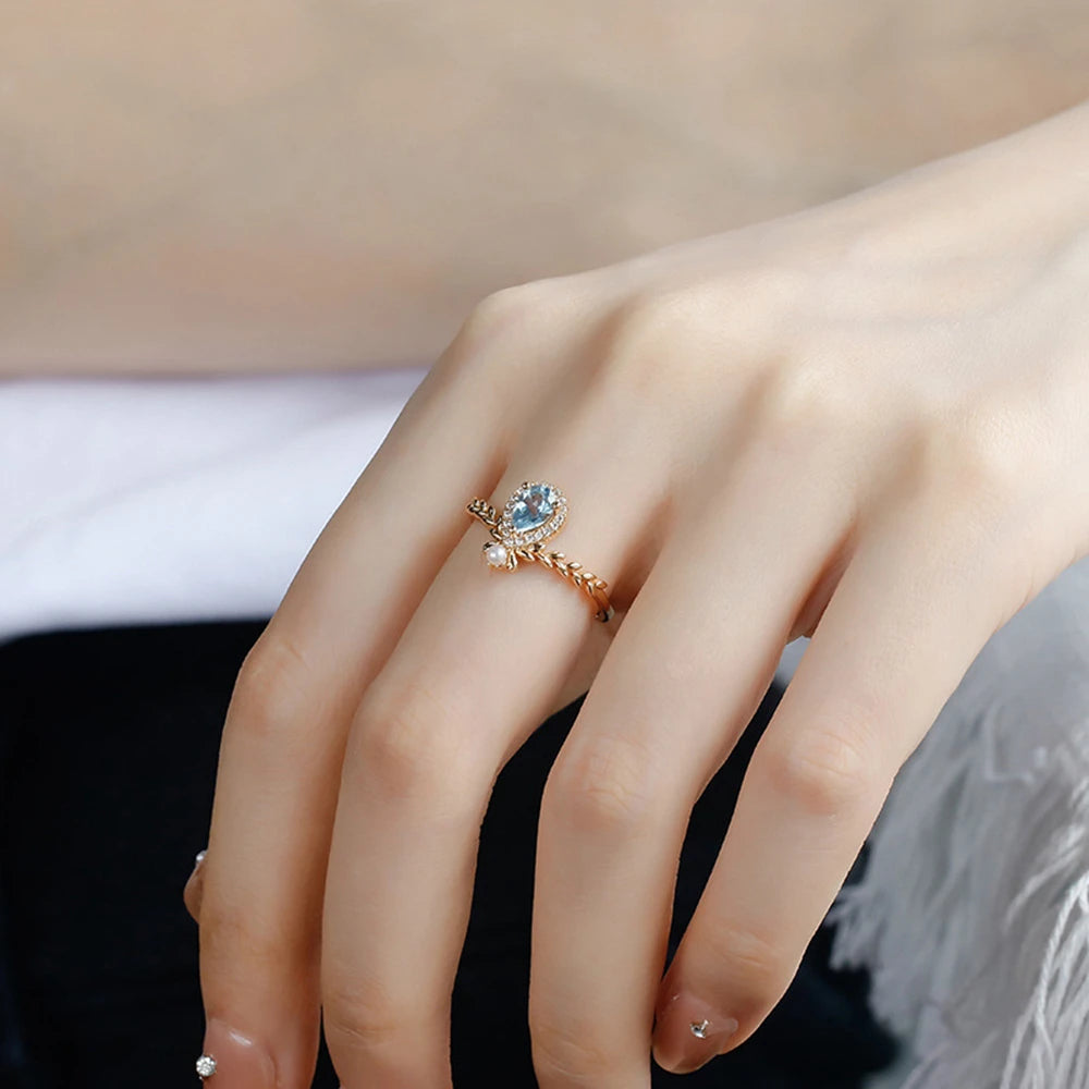 Cz Zircon Peace Wheat Ears Sky Blue Topaz Ring