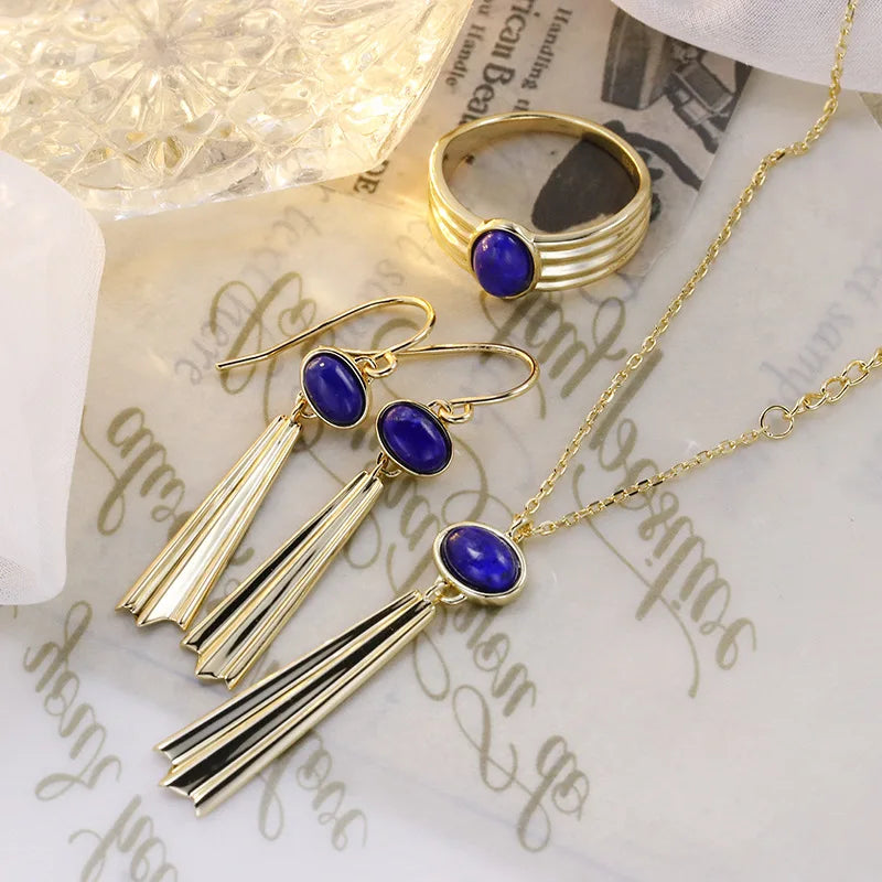 Emotional Factory 925 Sterling Silver 14K Gold Plated Gemstone Literary Retro Thickness Necklaces Lapis Lazuli Necklace