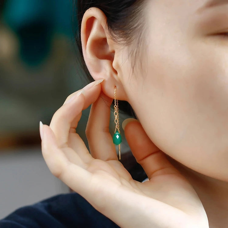 925 Sterling Silver 14K Gold Plated Gemstones Classical Wire Natural Green Chalcedony Vintage Ear Wires Earrings