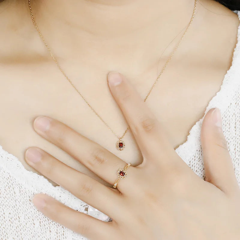 Emotional Factory 925 Sterling Silver 14K Gold Plated Gemstone Vintage Picture Frame Hollow Lace Natural Garnet Necklace