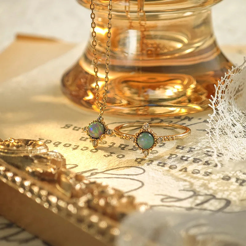 Emotional Factory 925 Sterling Silver 14K Gold Plated Gemstone Sun Sample Round Stone Vintage Fantasy Opal Ring