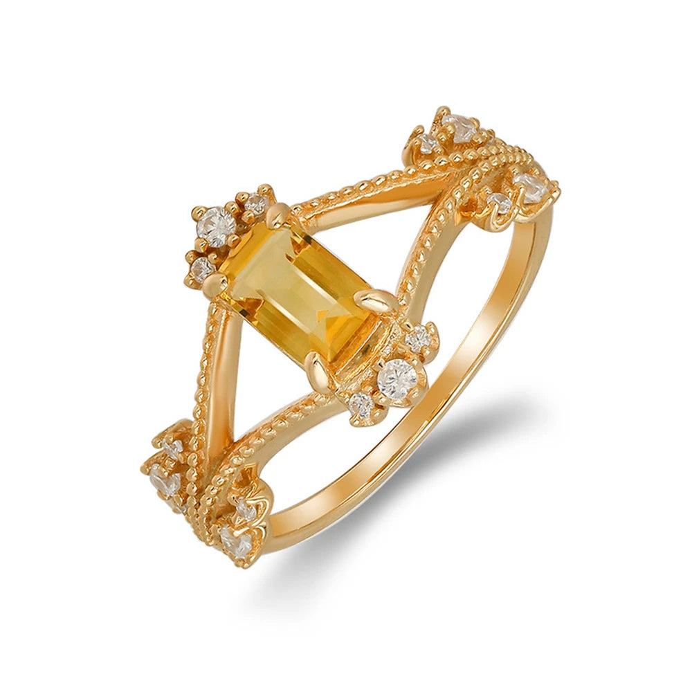 Emotional Factory 925 Sterling Silver 14K Gold Plated Gem Stone Gemstone Retro Hollow Geometric Square Zircon Citrine Ring