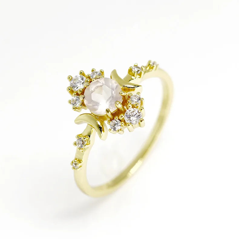 925 Sterling Silver Gold Plated Gemstone Butterfly Strawberry Moon Star Cz Zircon Rose Quartz Night Sky Iolite Labradorite Ring