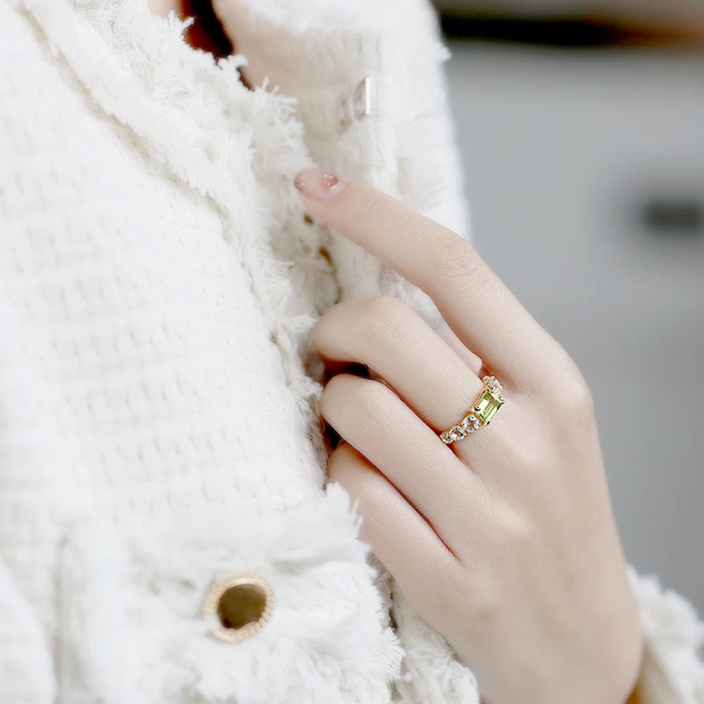 925 Sterling Silver 14K Gold Plated Rectangle Rectangular Green Peridot Ring Topaz Rings