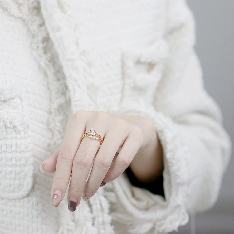 925 Sterling Silver 14K Gold Plated Gemstone Zircon White Crystal Natural Freshwater Pearls Three Piece Ring