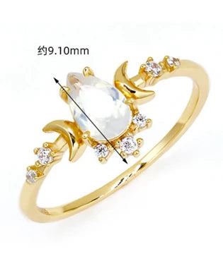 Anillos De Plata Anel De Ouro Puro 925 Sterling Silver 14K Gold Plated Gemstone Zircon Water Drop Opal Moon Ring