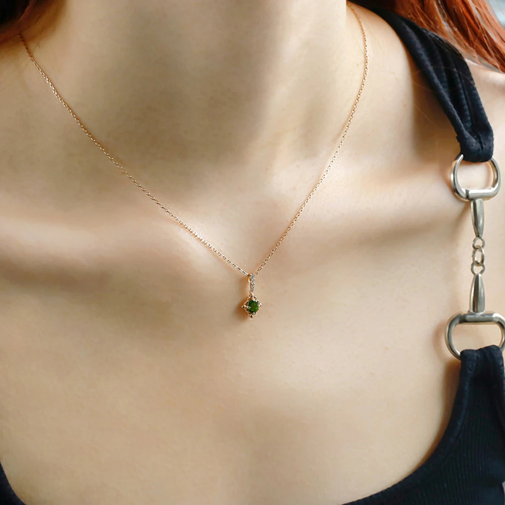 925 Sterling Silver 14K Gold Plated Gemstone Hollow Geometric Square Retro Cz Zircon Diopside Necklace