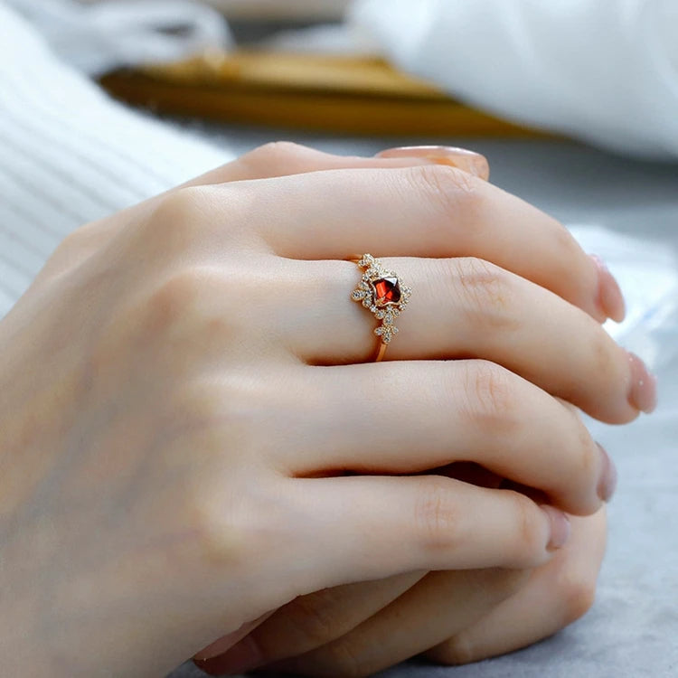 Emotional Factory 925 Sterling Silver 14K Gold Plated Gemstone Rutile Red Garnet Retro Style Zircon Ring