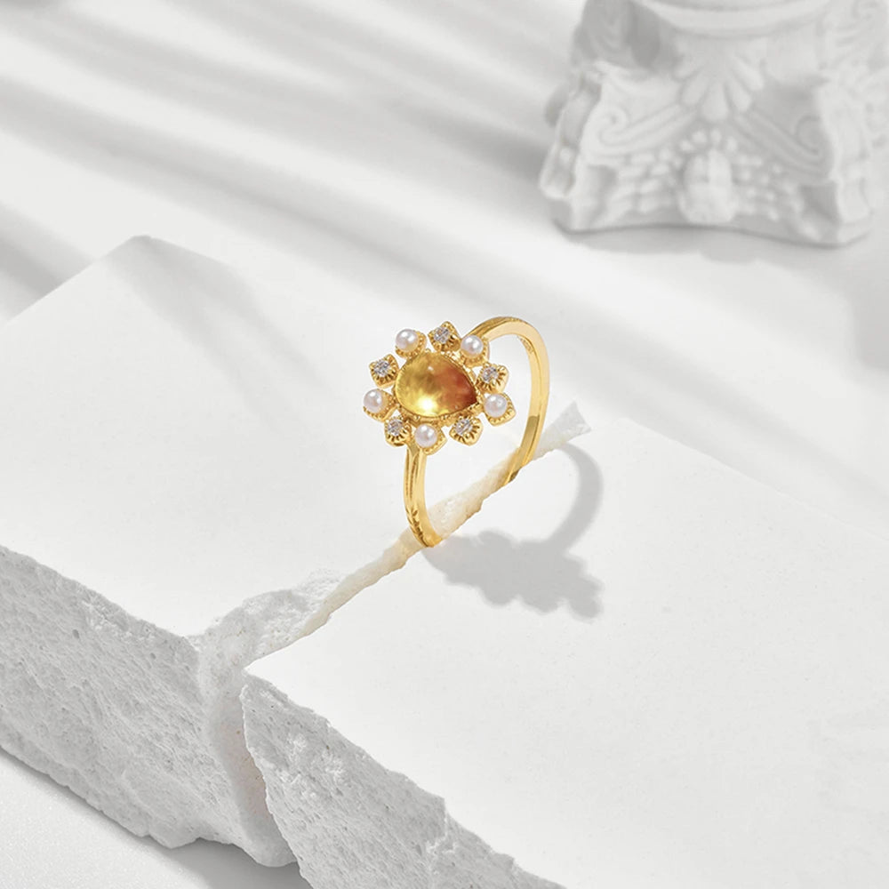 Emotional Factory 925 Sterling Silver 14K Gold Plated Gemstones Pearl Zircon Flowers Amber Ring