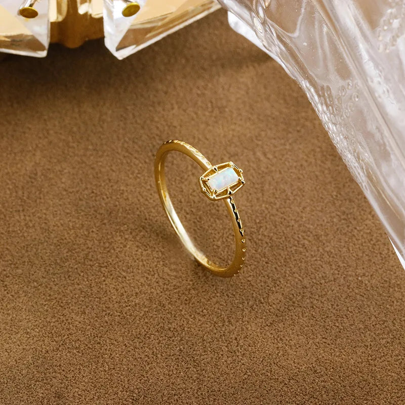 Emotional Factory 925 Sterling Silver 14K Gold Plated Gemstone Mini Geometric Flower Synthetic Opal Ring