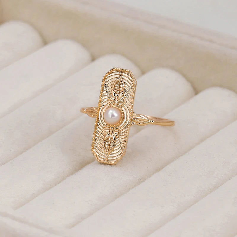 Dunli Jewelry Manufacturer Wholesale Retro Design S925 Silver Plated 14K Gold Pearl Carved  Ring