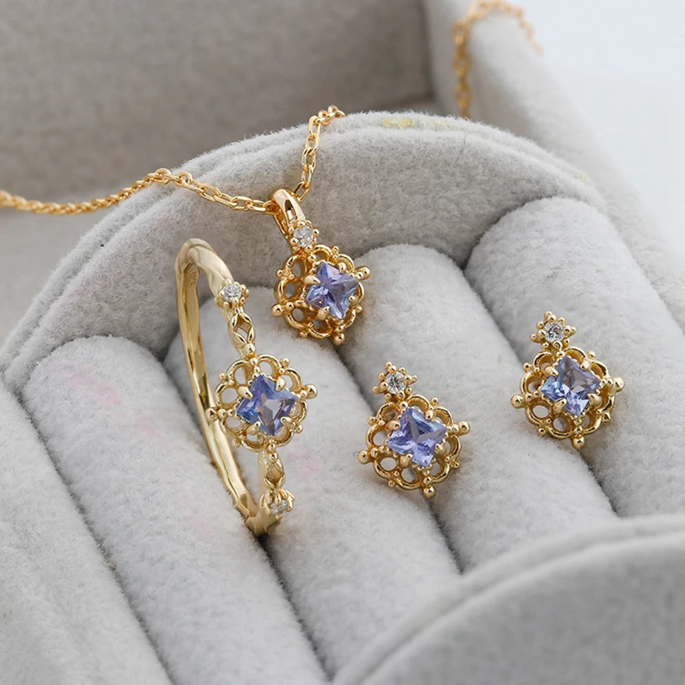 925 Sterling Silver 14K Gold Plated Gemstone Retro Hollow Flower Earring Geometric Square Stone Tanzanite Earrings