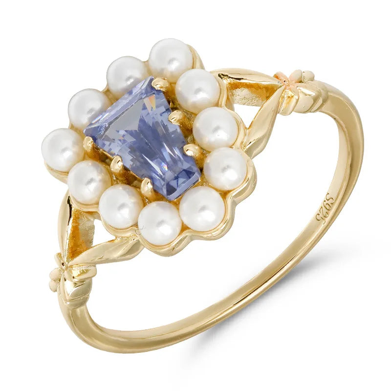 925 Sterling Silver 14K Gold Plated Gemstone Geometric Trapezoid Tanzanite Zirconia Cz Zircon Shell Bead Pearl Ring
