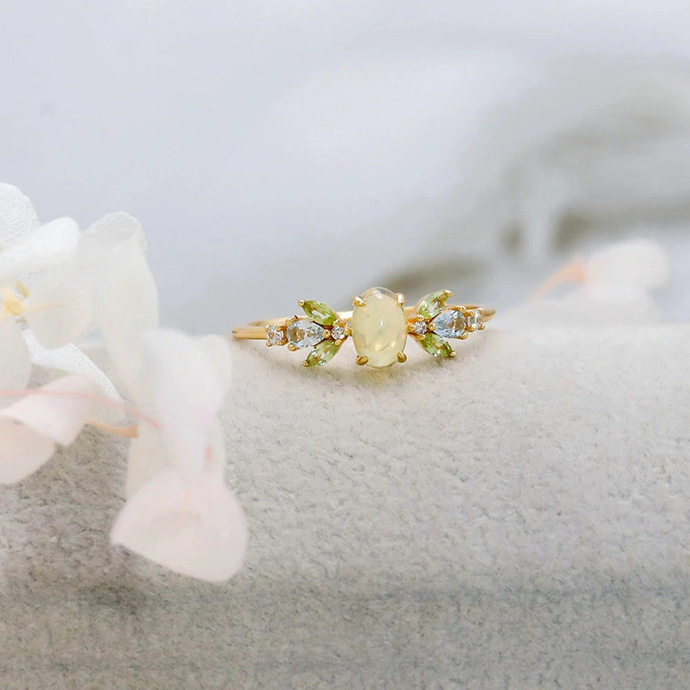 925 Sterling Silver 14K Gold Plated Gemstone Horse's Eye Opal Sky Blue Topaz Green Peridot Ring