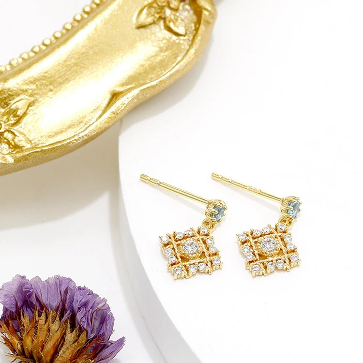 925 Sterling Silver 14K Gold Plated Gemstone Natural Topaz Pendant Geometry Earrings