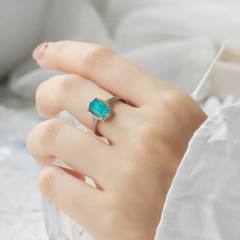 23Year French Retro S925Silver Plating14KGold Color Separation White Crystal/Turquoise Ring for Women